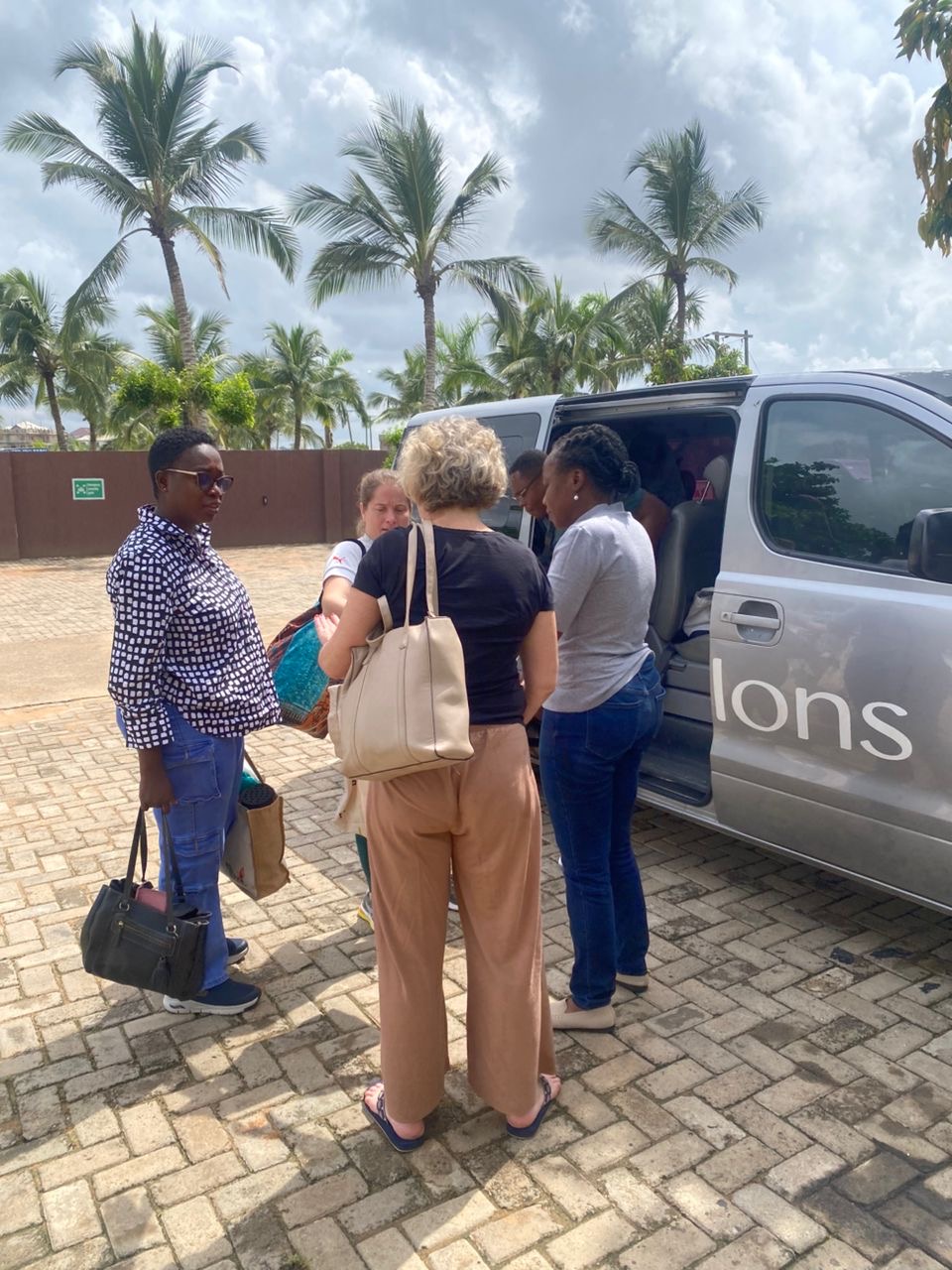 A group of travelers loading into an Allons van beneath palm trees